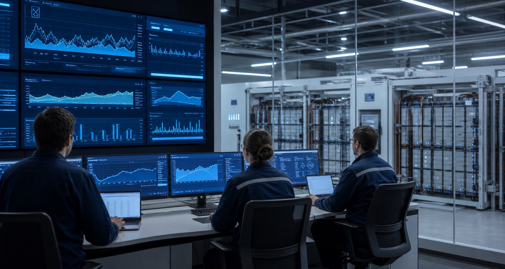 Battery energy storage control room with battery telemetry and operating data displays.